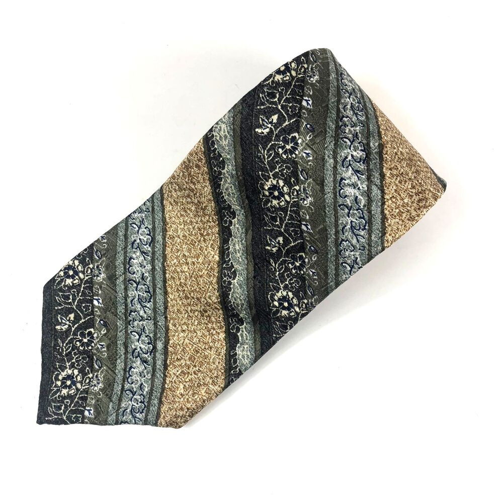 Vintage Claiborne Silk Necktie Striped Floral Print Brown Green Blue Wide Tie